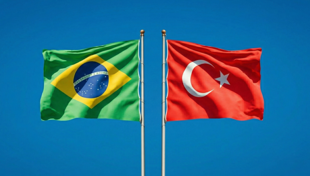 Brazil and Turkey flags side by side representing plastic surgery abroad comparison.