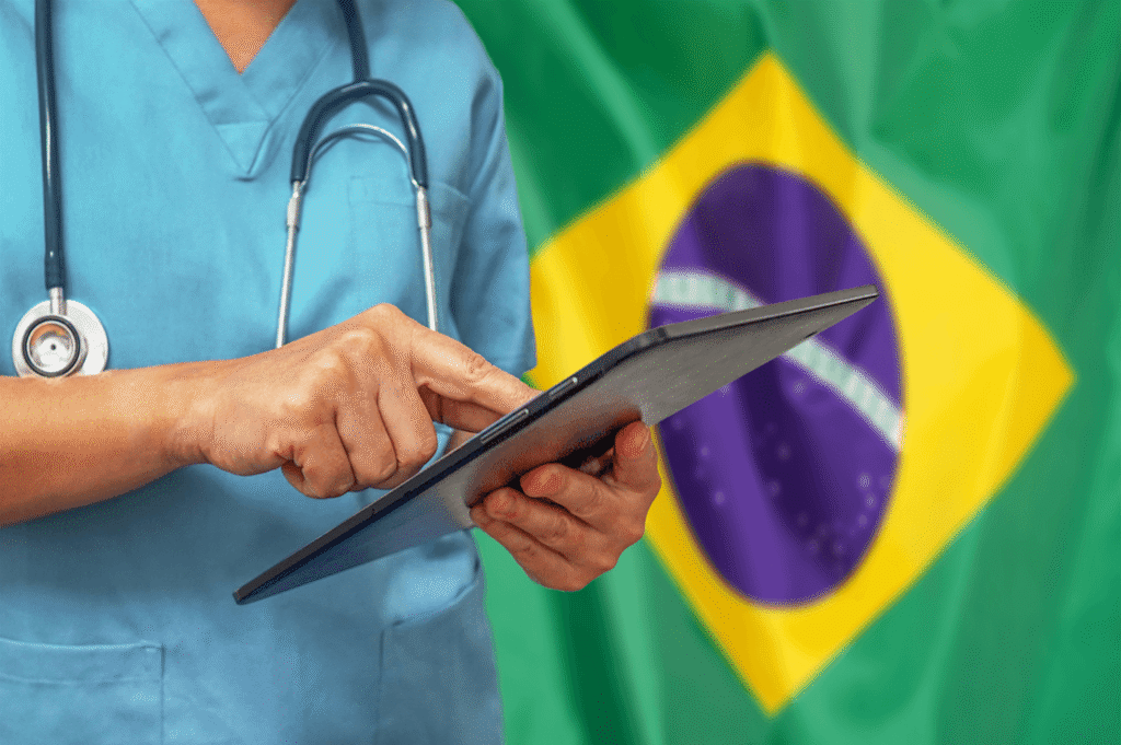 Doctor holding a clipboard with the Brazilian flag in the background, representing medical procedure costs in Brazil