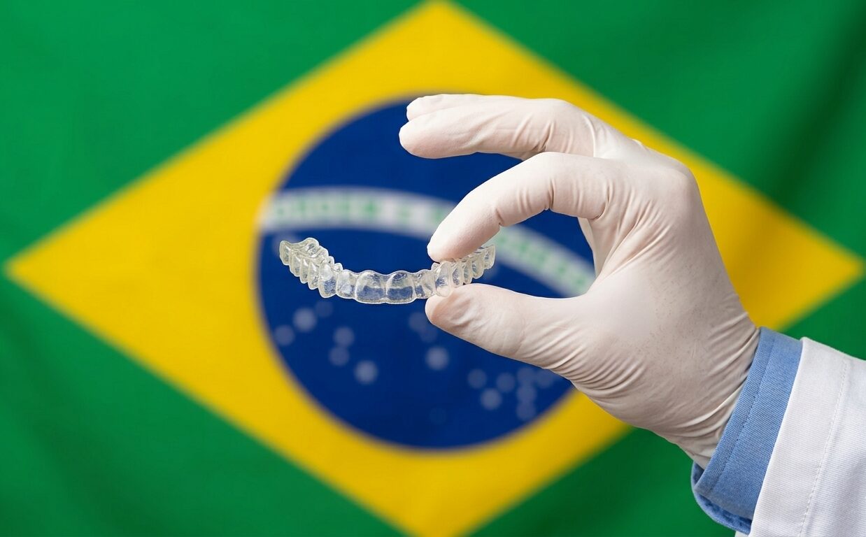 doctor showing a clear aligner to indicate that he is talking about invisalign treatment time in brazil